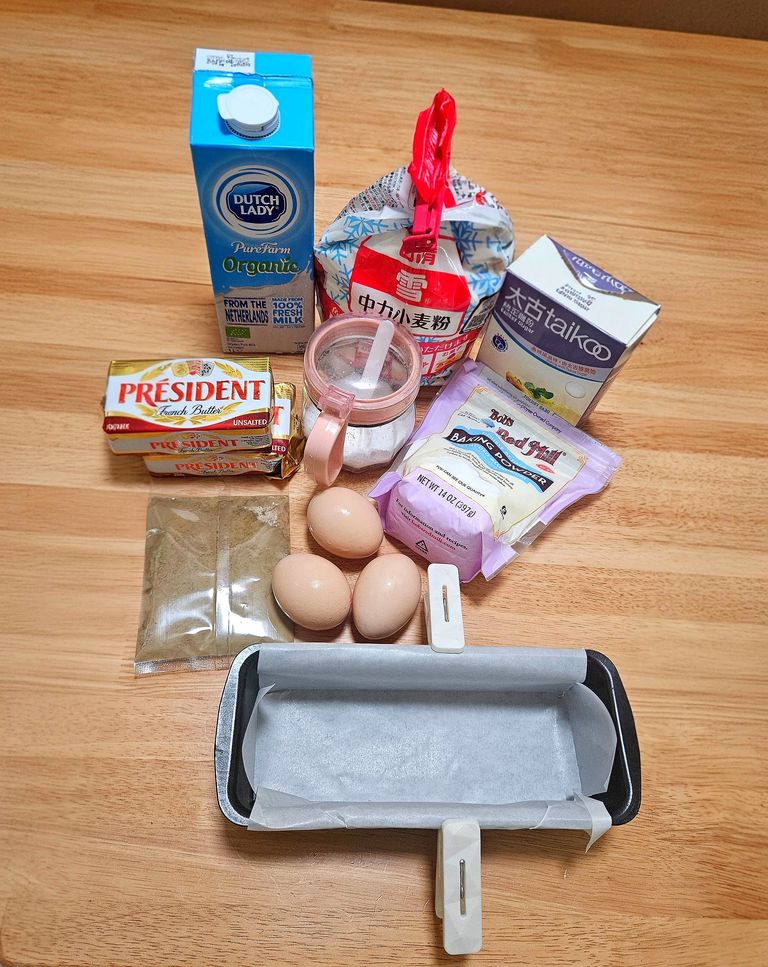 hōjicha Pound Cake Ingredients laid out