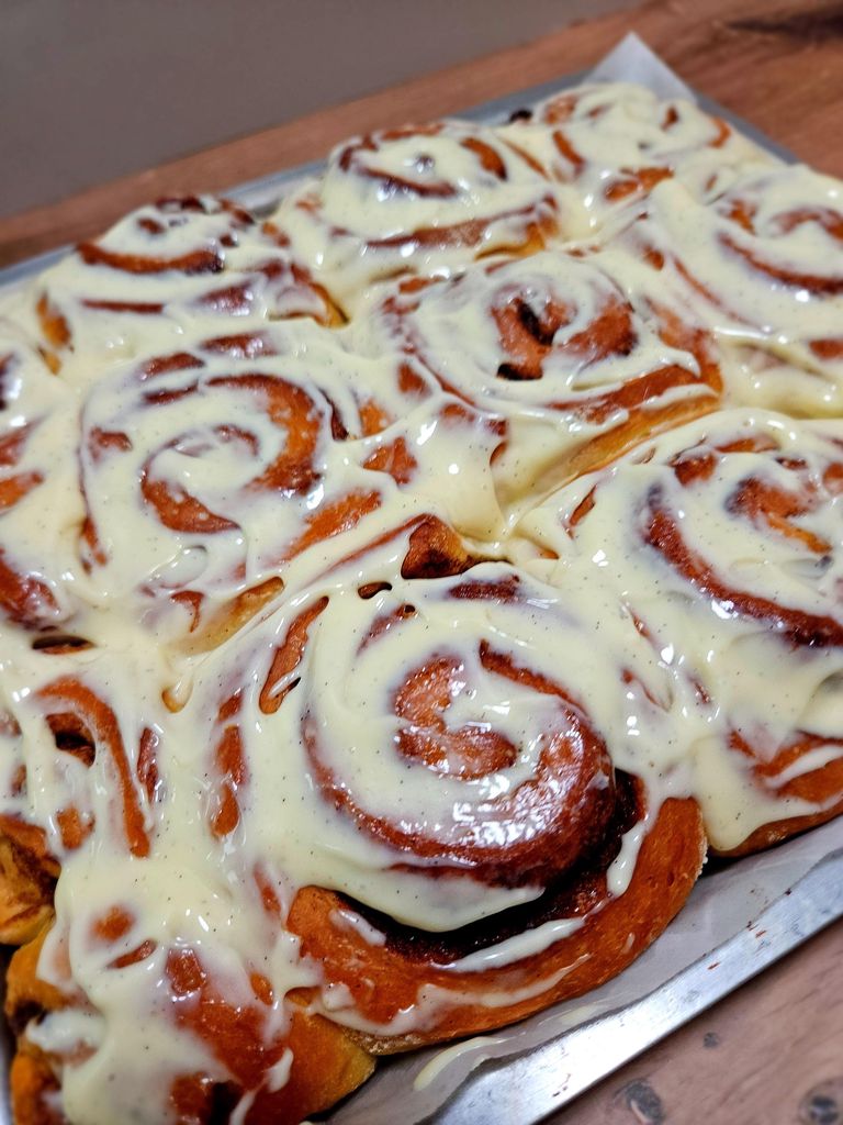 Freshly baked cinnamon rolls with glaze
